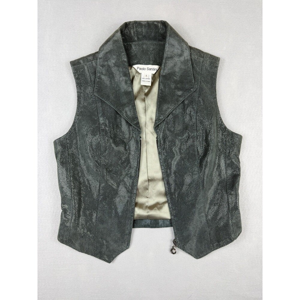 Vintage Paolo Santini Women's 6 Genuine Leather Moto Vest Green Gray Zip Y2K